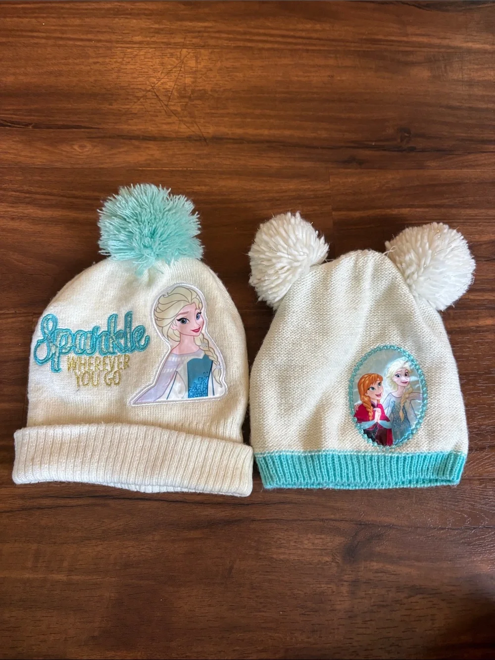Girls' Frozen Beanie Hats with Pom-Poms - White & Aqua